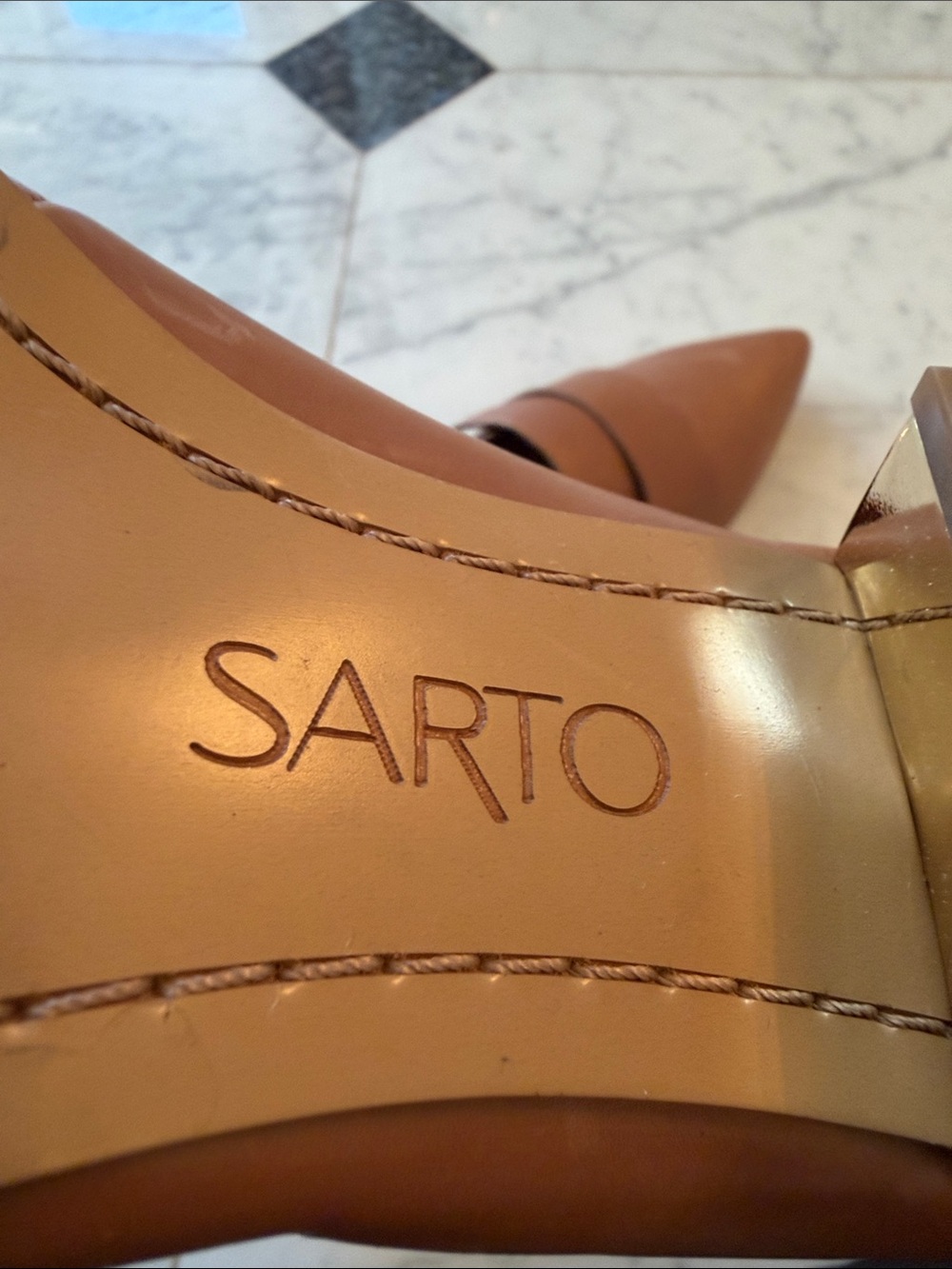 SARTO By Franco Sarto Cognac Pointed Toe Loafers w/ Gold Heel - Picture 5 of 7